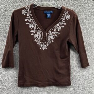 Women Folk Embroidered Henley Top Petite L Brown Long Sleeve Boho Relaxed Casual